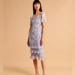 Abercrombie Light Blue Floral Smocked Puff Sleeve Midi Dress
